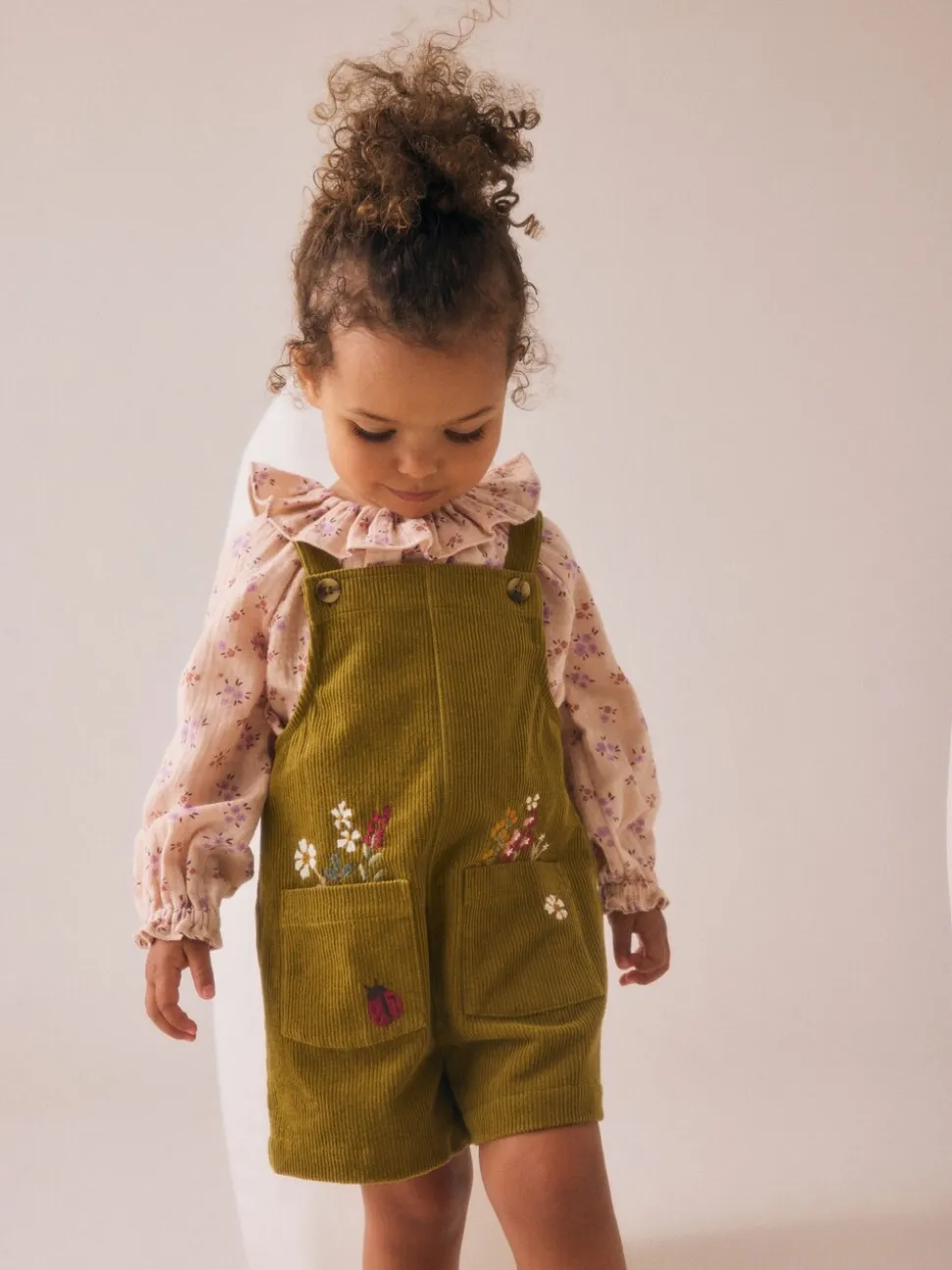 Groen - Set van corduroy bretelbroeken met bloemenprint, blouse en panty's (3mnd -7jr)