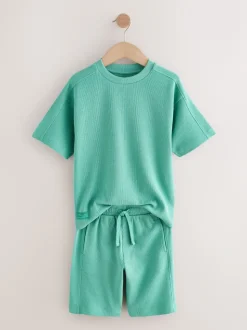 Groen - Set van T-shirt met textuur en korte mouwen en shorts (3 - 16 jr)