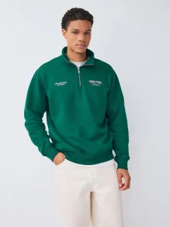 Groen - Simple Text Graphic Print Quarter Zip Neck Sweatshirt