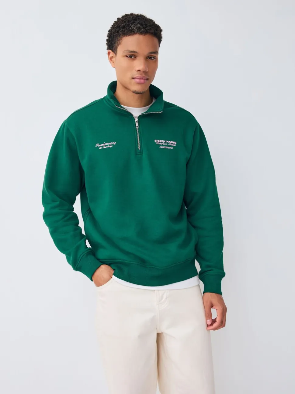 Groen - Simple Text Graphic Print Quarter Zip Neck Sweatshirt