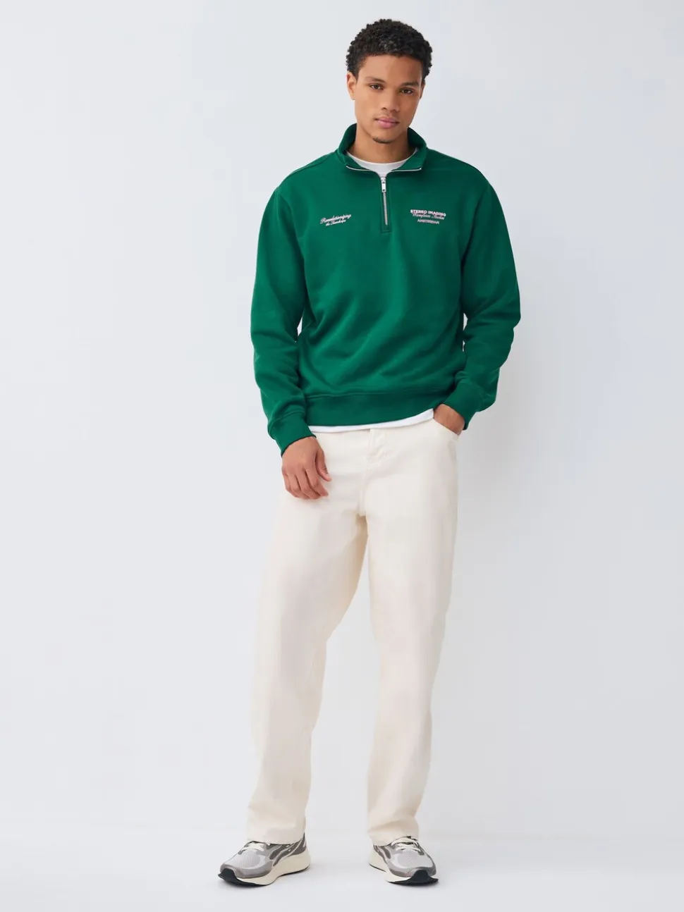 Groen - Simple Text Graphic Print Quarter Zip Neck Sweatshirt