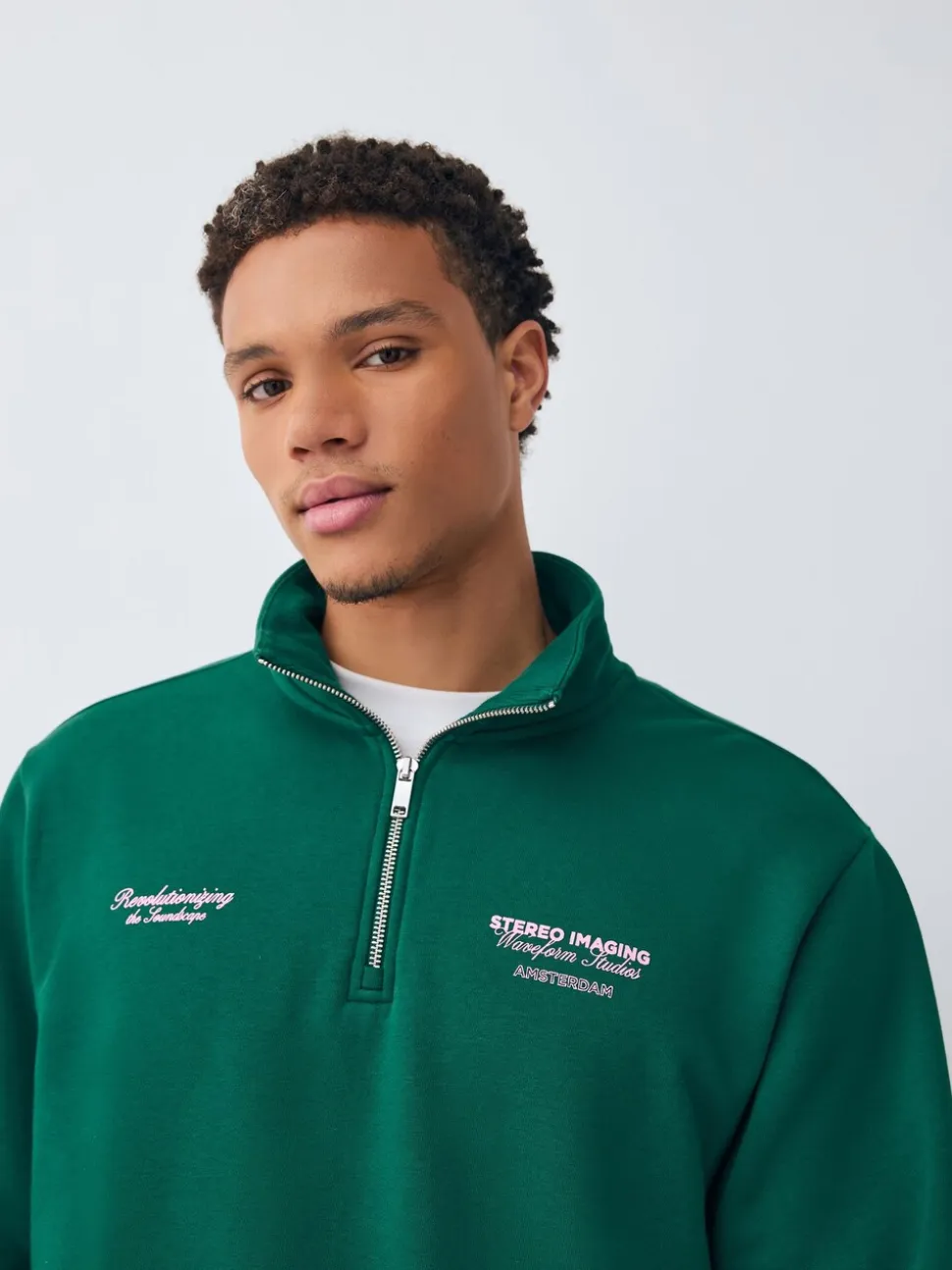 Groen - Simple Text Graphic Print Quarter Zip Neck Sweatshirt