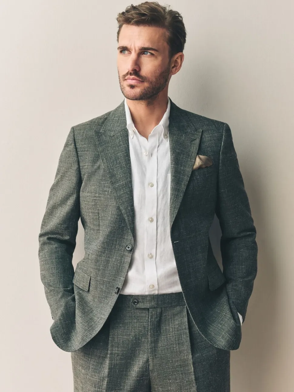 Groen - Slim fit Nova Fides colbert van Italiaanse linnenmix stof
