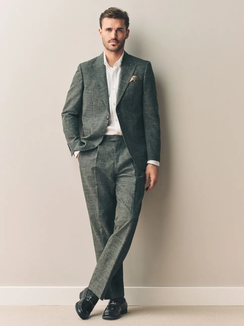 Groen - Slim fit Nova Fides colbert van Italiaanse linnenmix stof