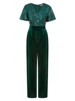 Groen - Yumi jumpsuit met engelmouwen, van fluweel en versierd met lovertjes