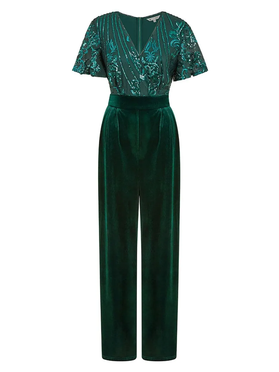 Groen - Yumi jumpsuit met engelmouwen, van fluweel en versierd met lovertjes