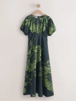 Groen bloemmotief - Midi-jurk met print en pofmouwen