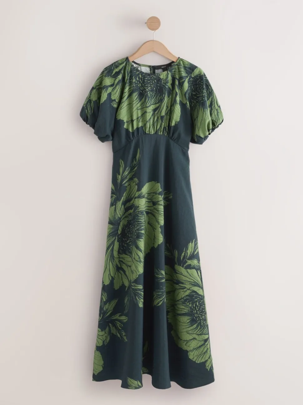 Groen bloemmotief - Midi-jurk met print en pofmouwen