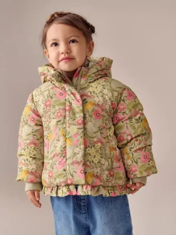 Groen bloemmotief - Regenbestendige gewatteerde jas met ruches (3mnd -7jr)