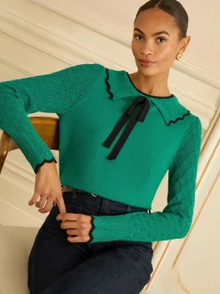 Groen getipte strik - Love & Roses gebreide trui met kraag