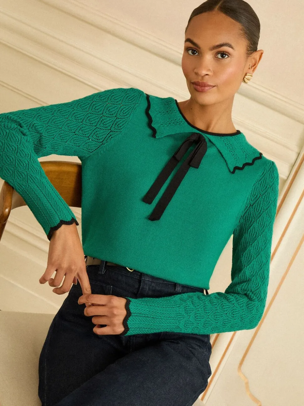 Groen getipte strik - Love & Roses gebreide trui met kraag