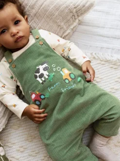 Groen met boerderijprint - Corduroy bretelbroeken en Bodysuit set (0mnd-2jr)