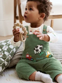 Groen met boerderijprint - Corduroy bretelbroeken en Bodysuit set (0mnd-2jr)