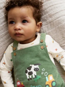 Groen met boerderijprint - Corduroy bretelbroeken en Bodysuit set (0mnd-2jr)