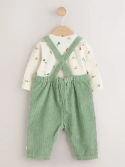Groen met boerderijprint - Corduroy bretelbroeken en Bodysuit set (0mnd-2jr)