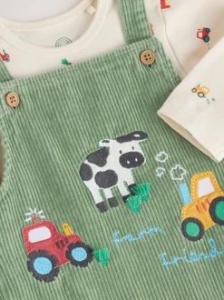 Groen met boerderijprint - Corduroy bretelbroeken en Bodysuit set (0mnd-2jr)