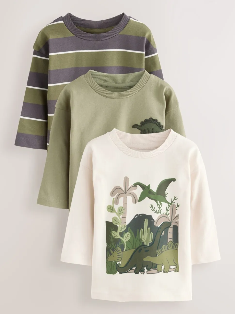 Groen met dinosaurussen - Set van 3 T-shirts met grafische print en lange mouwen (3mnd-7jr)