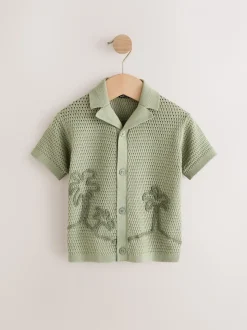 Groen met palmenprint - Gebreid poloshirt met reverskraag en korte mouwen met textuur (3mnd -7jr)