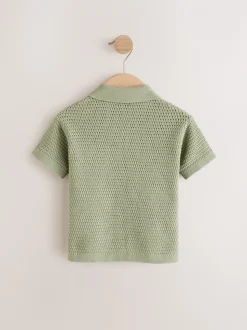 Groen met palmenprint - Gebreid poloshirt met reverskraag en korte mouwen met textuur (3mnd -7jr)