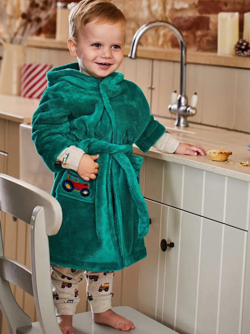 Groen met traktorenprint - JoJo Maman Bébé - Kamerjas met graafmachineprint