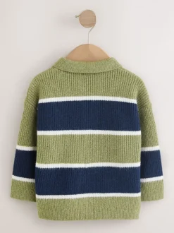 Groen/blauw - Gebreid gestreept rugbypoloshirt (3mnd-7jr)