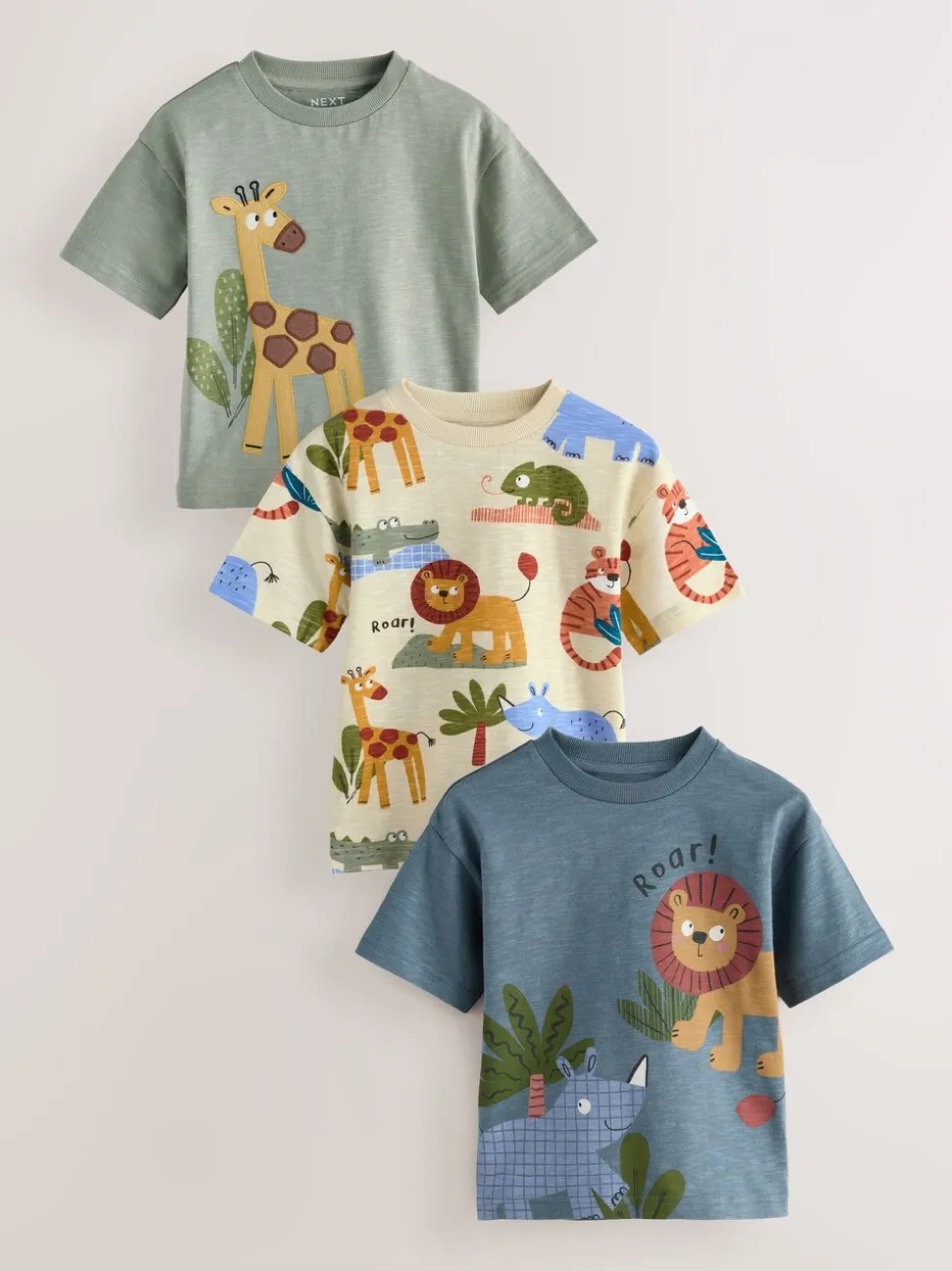 Groene safaridieren - Verpakking van 3 T-shirts met korte mouwen en applicatie (3mnd-7jaar)