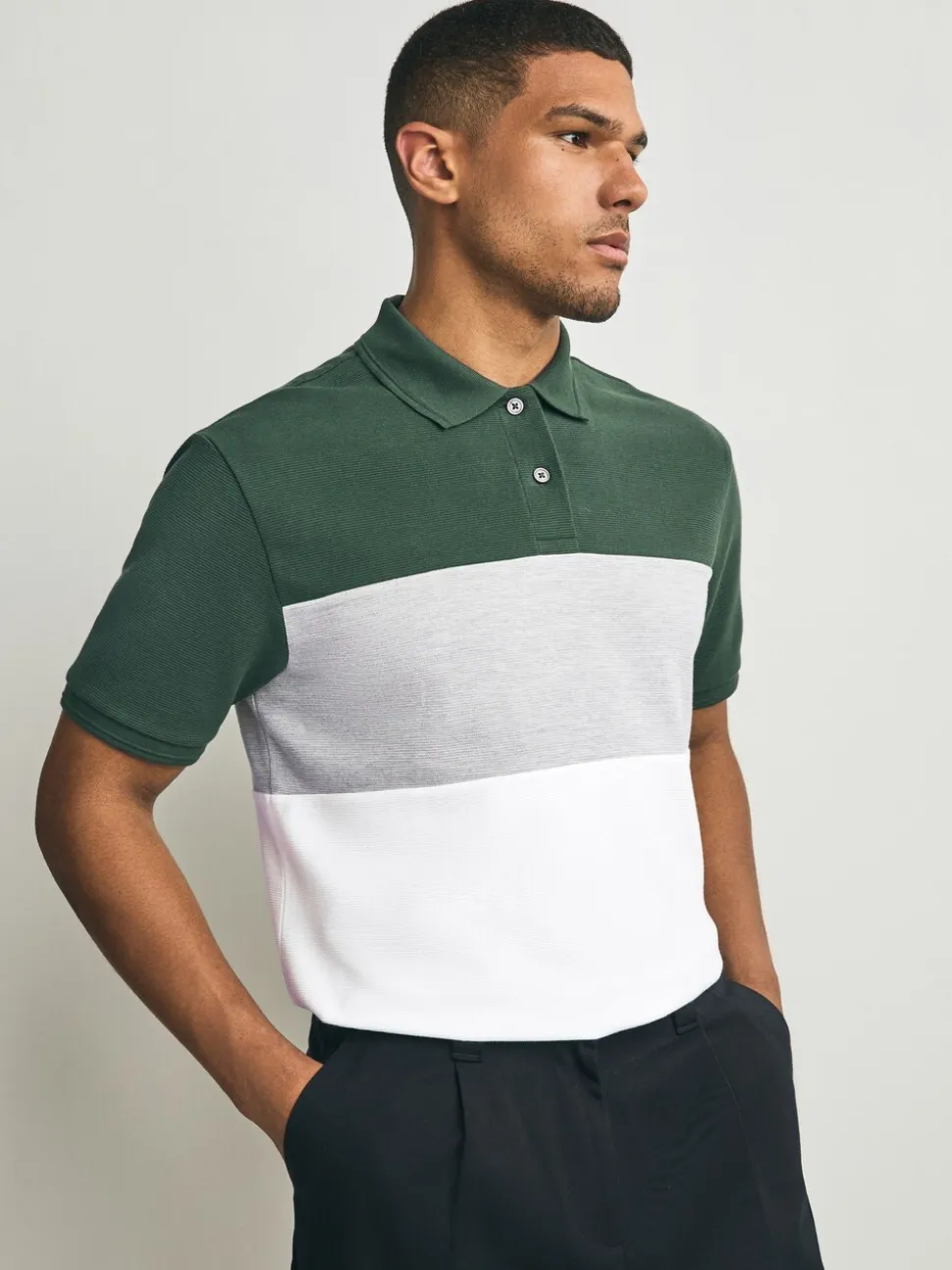 Groen/grijs - 100% katoenen poloshirt met korte mouwen, knopen en kleurvlakken