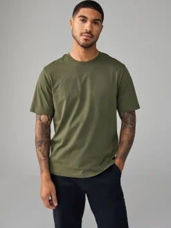 Groen-kaki - Normale Pasvorm - Essentieel katoenen T-shirt met ronde hals