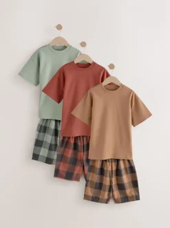 Groen/oranje - Set van 3 geweven geruite pyjama's (3-16 jr)