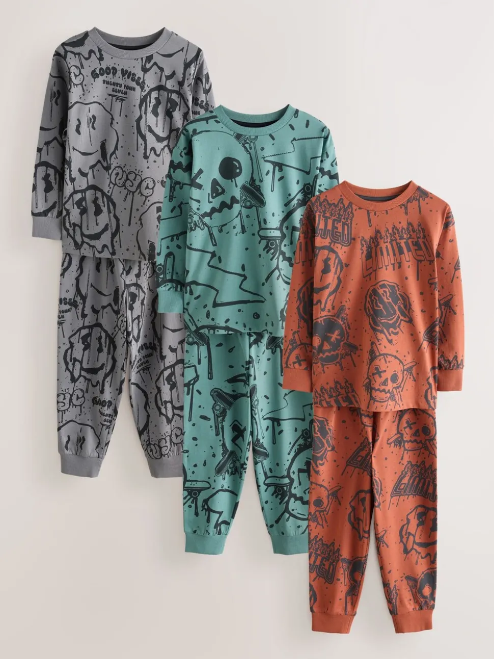 Groen/oranje graffiti-schedel - Verpakking van 3 pyjama's met lange mouwen (3-16 jr)