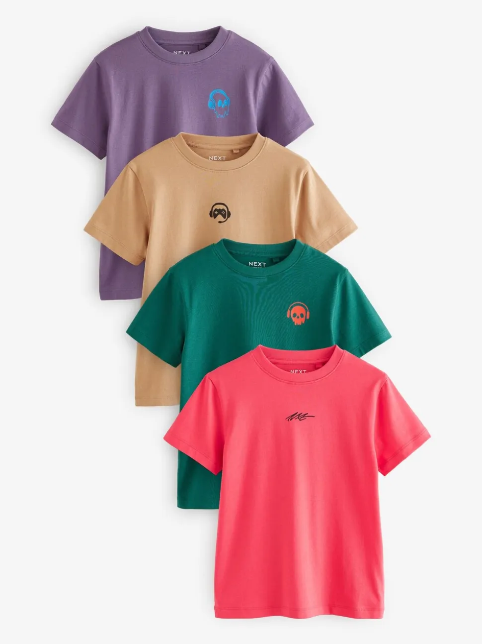 Groen/rood/camel/paars - Verpakking van 4 T-shirts met kleine grafische print en korte mouwen (3 - 16 jr)