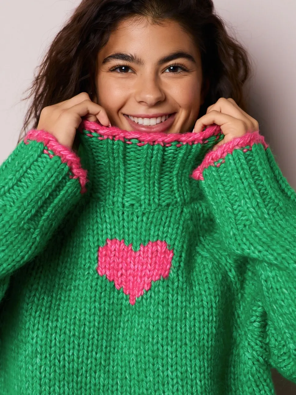Groen/roze hart - Grof gebreide Staande Hals Trui Met Wol