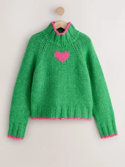 Groen/roze hart - Grof gebreide Staande Hals Trui Met Wol