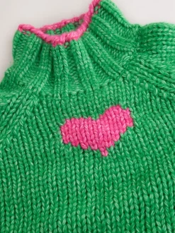 Groen/roze hart - Grof gebreide Staande Hals Trui Met Wol