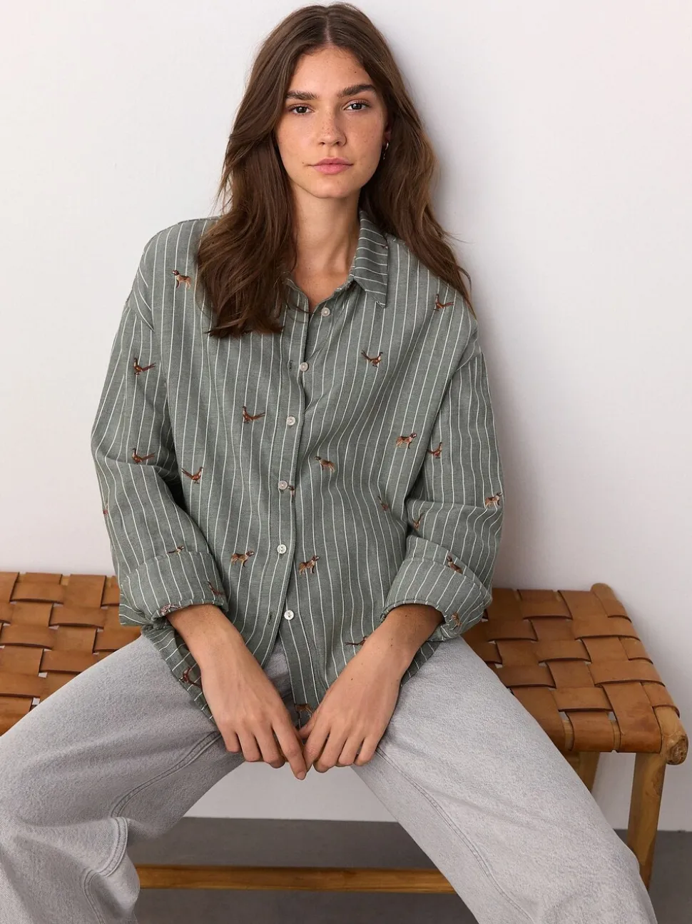 Groen/wit gestreept - Conversational Embroidered Long Sleeve Shirt