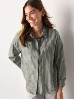 Groen/wit gestreept - Conversational Embroidered Long Sleeve Shirt