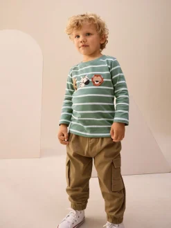 Groen/wit gestreepte safari - T-shirt met applicatie en lange mouwen (3 mnd-7 jr)