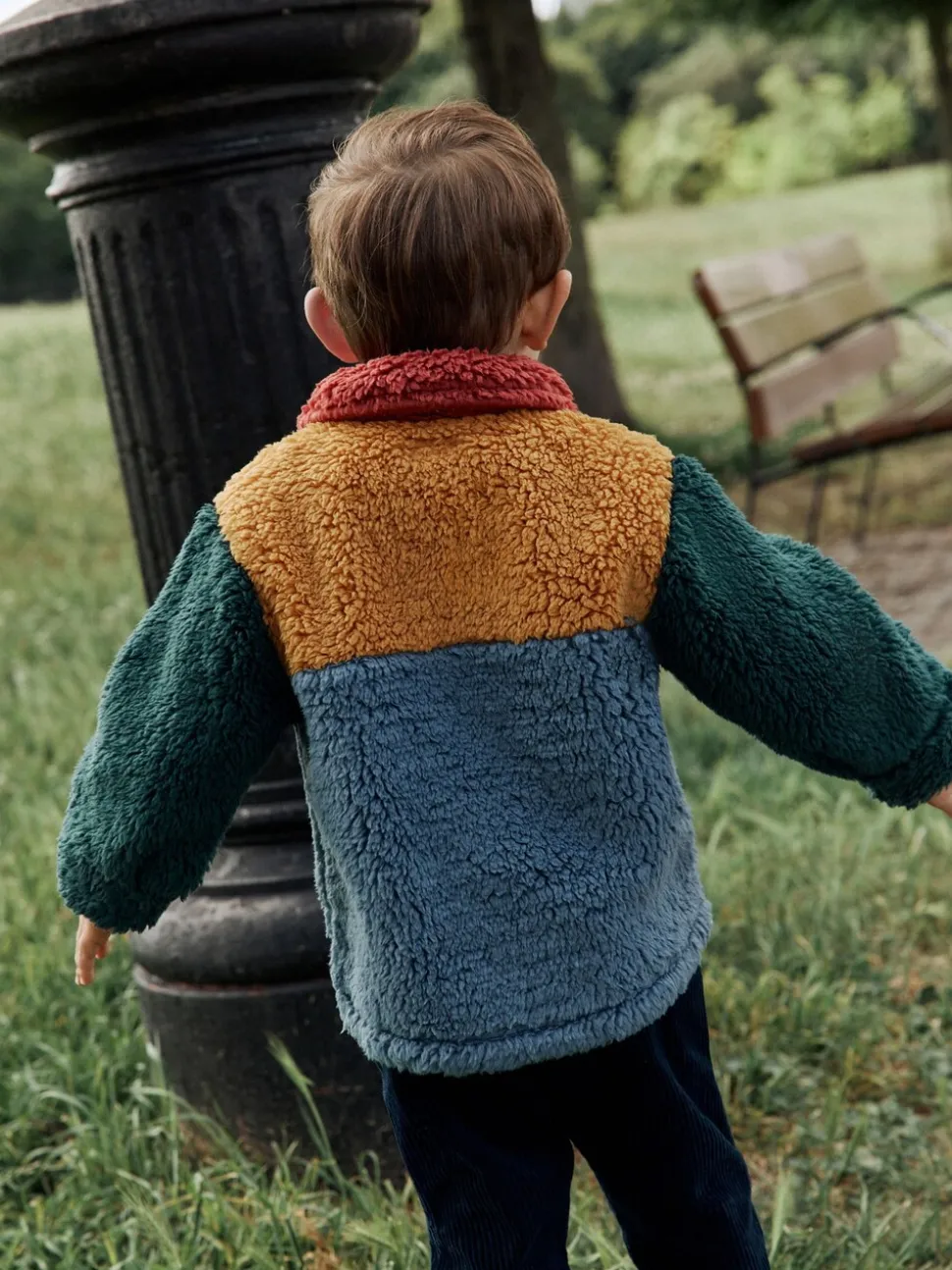 Helder blauw/geel kleurblok - Fleece shacket van borg (3 mnd - 7 jr)