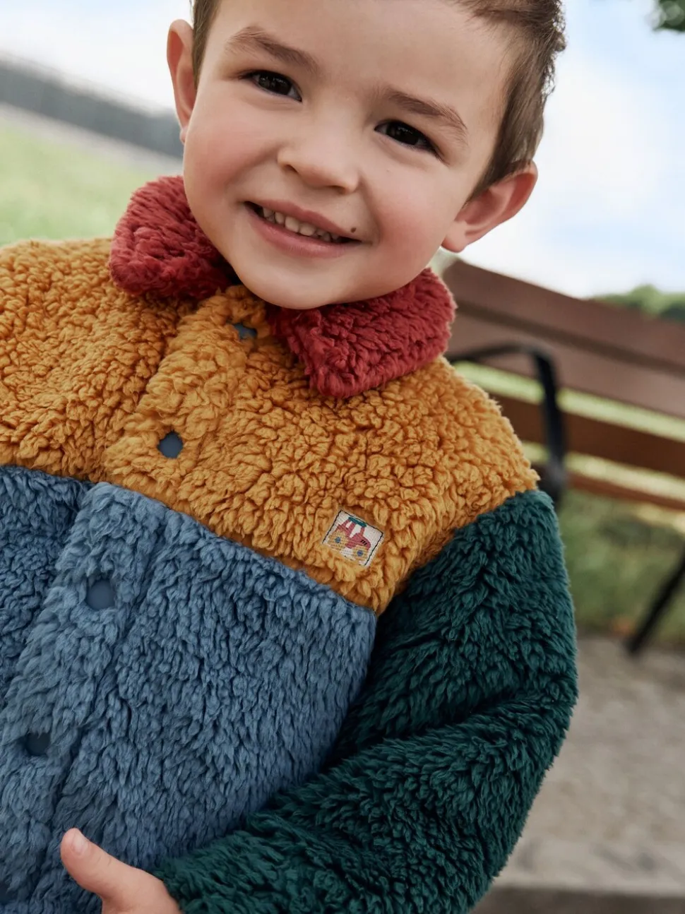 Helder blauw/geel kleurblok - Fleece shacket van borg (3 mnd - 7 jr)