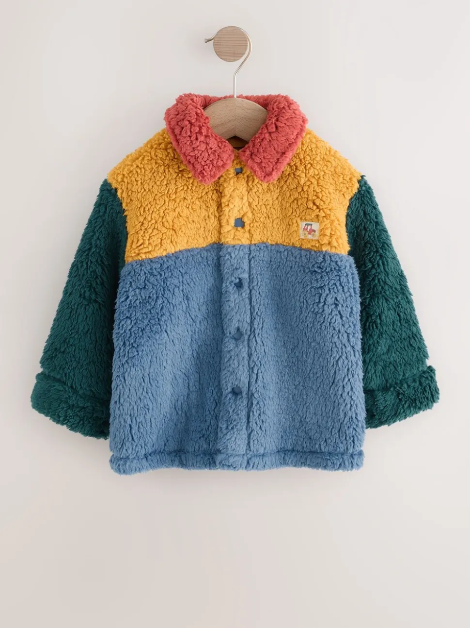 Helder blauw/geel kleurblok - Fleece shacket van borg (3 mnd - 7 jr)