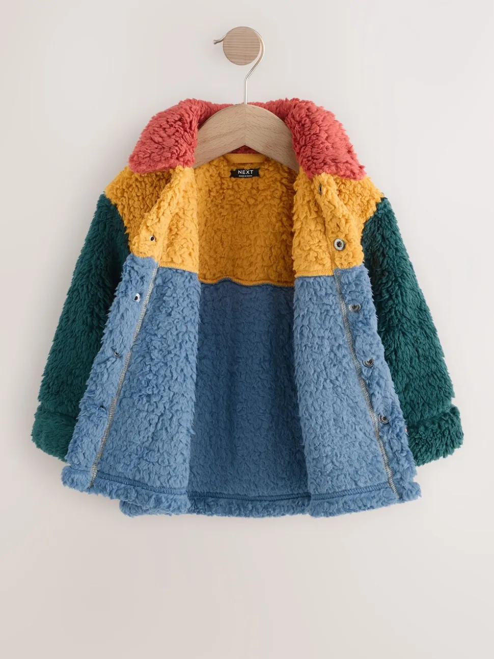 Helder blauw/geel kleurblok - Fleece shacket van borg (3 mnd - 7 jr)