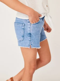 Helderblauw - Denim shorts met rafels (3-16jr)