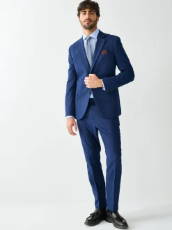 Helderblauw - Strakke Pasvorm - Kostuum met textuur: colbert