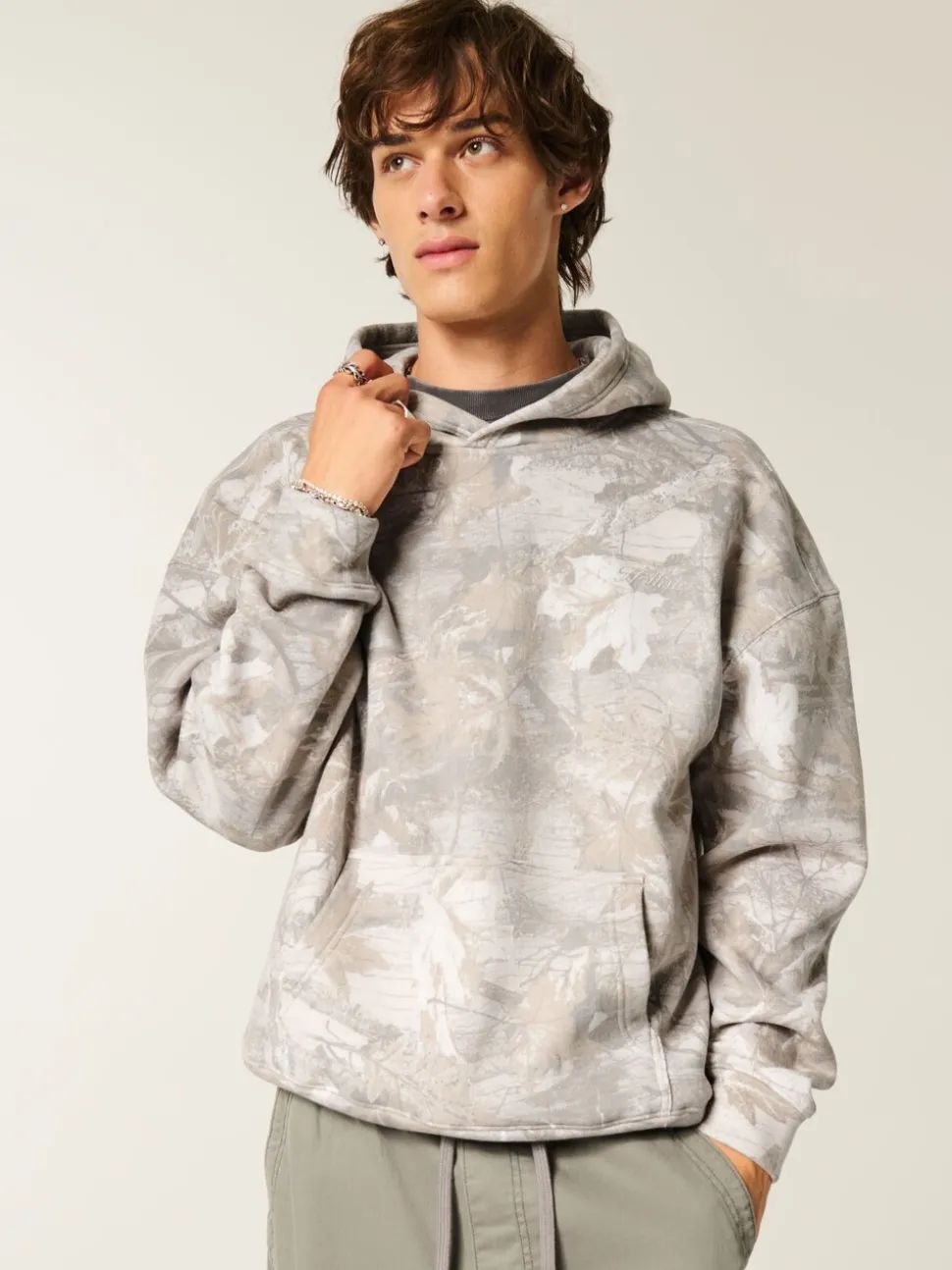 Hollister Grey Boxy Camo Print Logo Hoodie