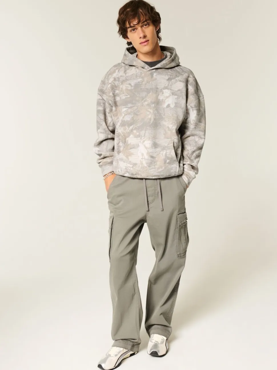 Hollister Grey Boxy Camo Print Logo Hoodie