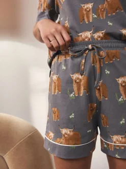 Houtskoolgrijze Hamish The Highland Cow - Set van 100% katoenen shortpyjama