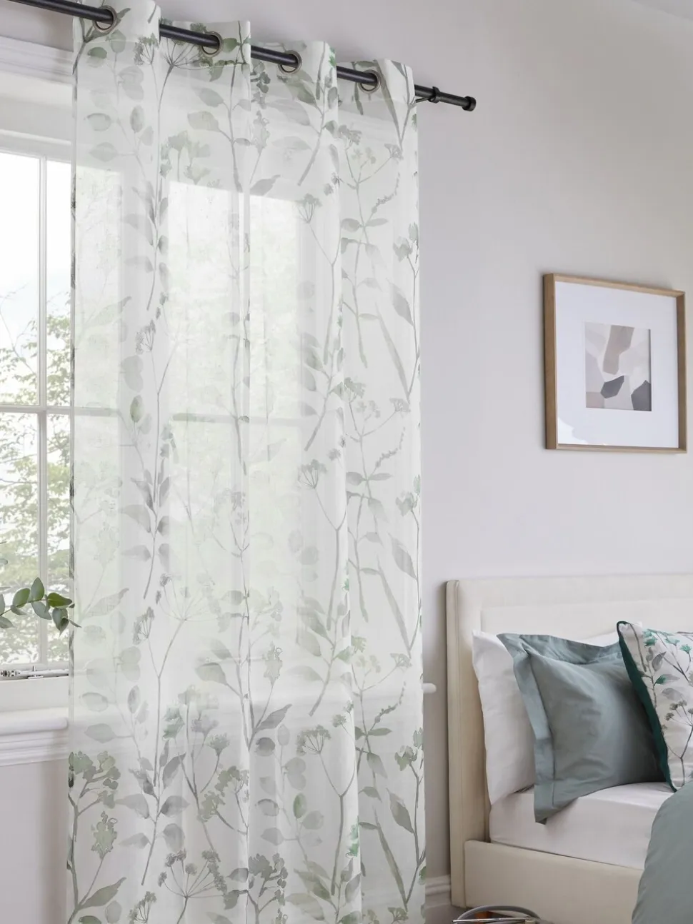 Isla - Ongevoerde voile ringgordijnen met doorschijnend inzetstuk en bloemenprint