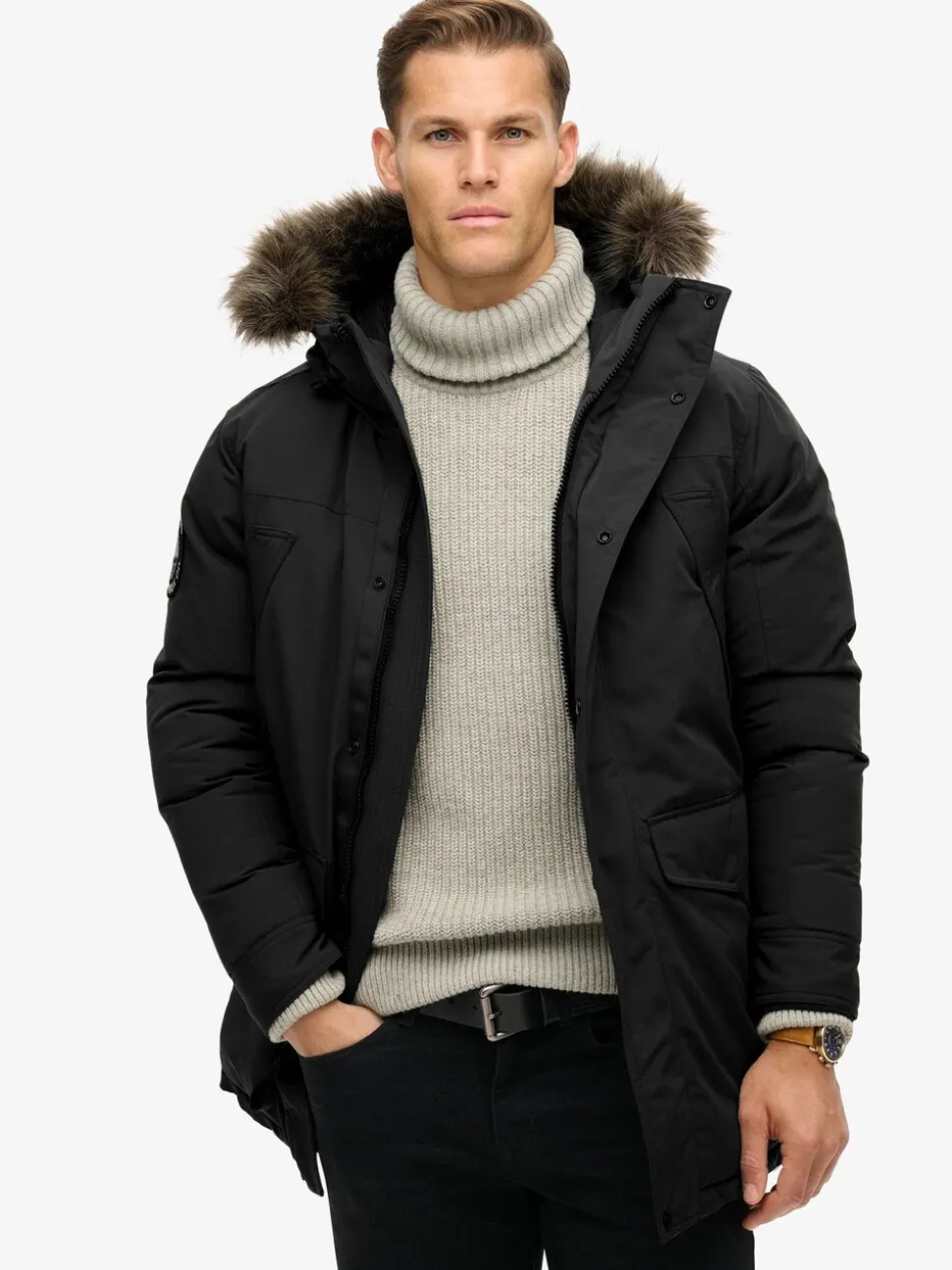 Jet black - Superdry Everest parka met imitatiebont