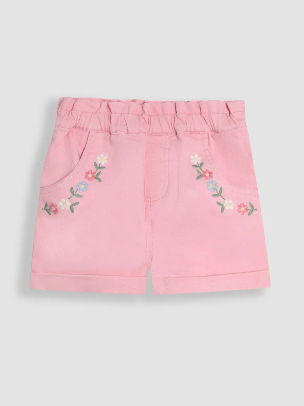 JoJo Maman Bébé - 100% katoenen keperstof shorts met geborduurde omgeslagen zoom