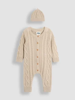 JoJo Maman Bébé Cable Knit All-In-One With Hat